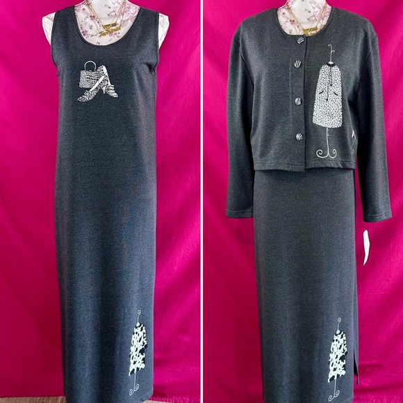 Cite Dresses & Skirts - 2 Piece Set Graphic Maxi Long Dress Cardigan Gray Fashion Artsy Novelty S Cite